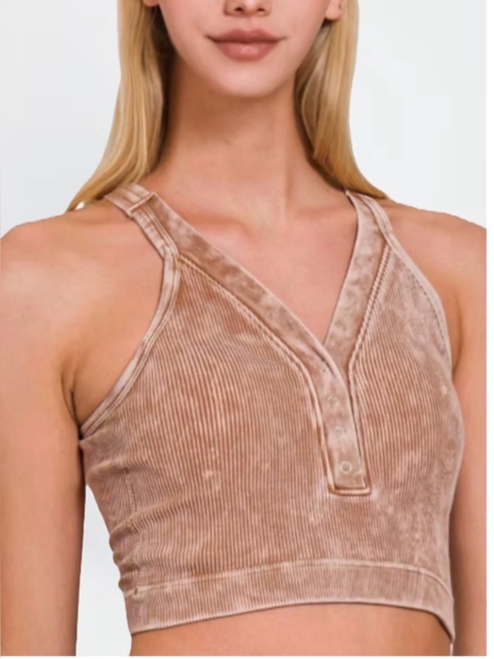NWOT Zenana Iris Ribbed Washed Snap-Front Cropped V-Neck Tank Top S/M deep camel